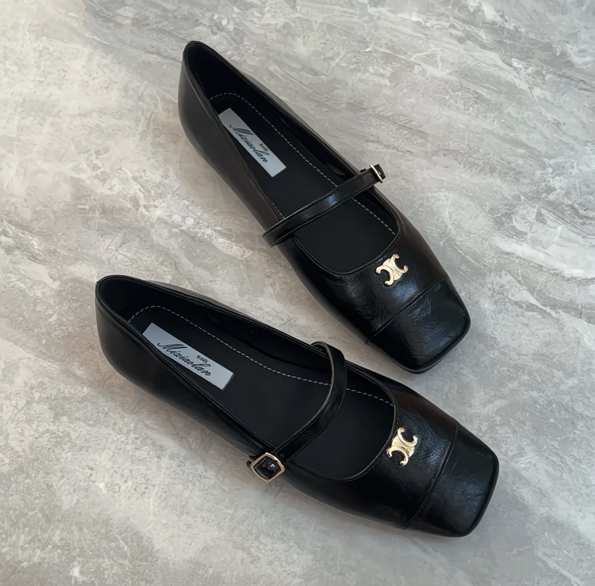 Classic Black Mary Jane Eco-Leather Flats with Gold Detail 3 Classic Black Mary Jane Eco-Leather Flats with Gold Detail - Image 3