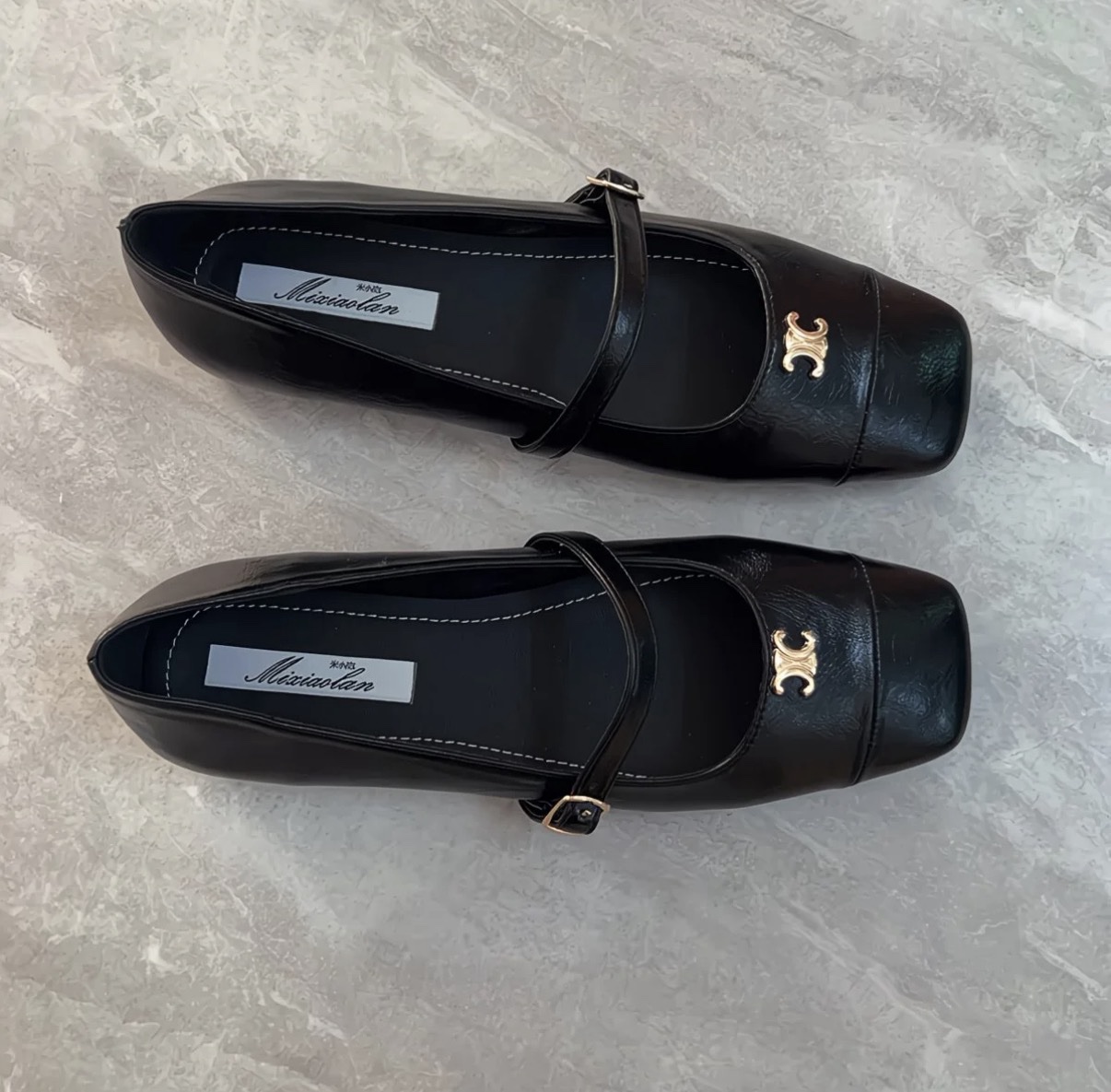 Classic Black Mary Jane Eco-Leather Flats with Gold Detail 2 Classic Black Mary Jane Eco-Leather Flats with Gold Detail - Image 2