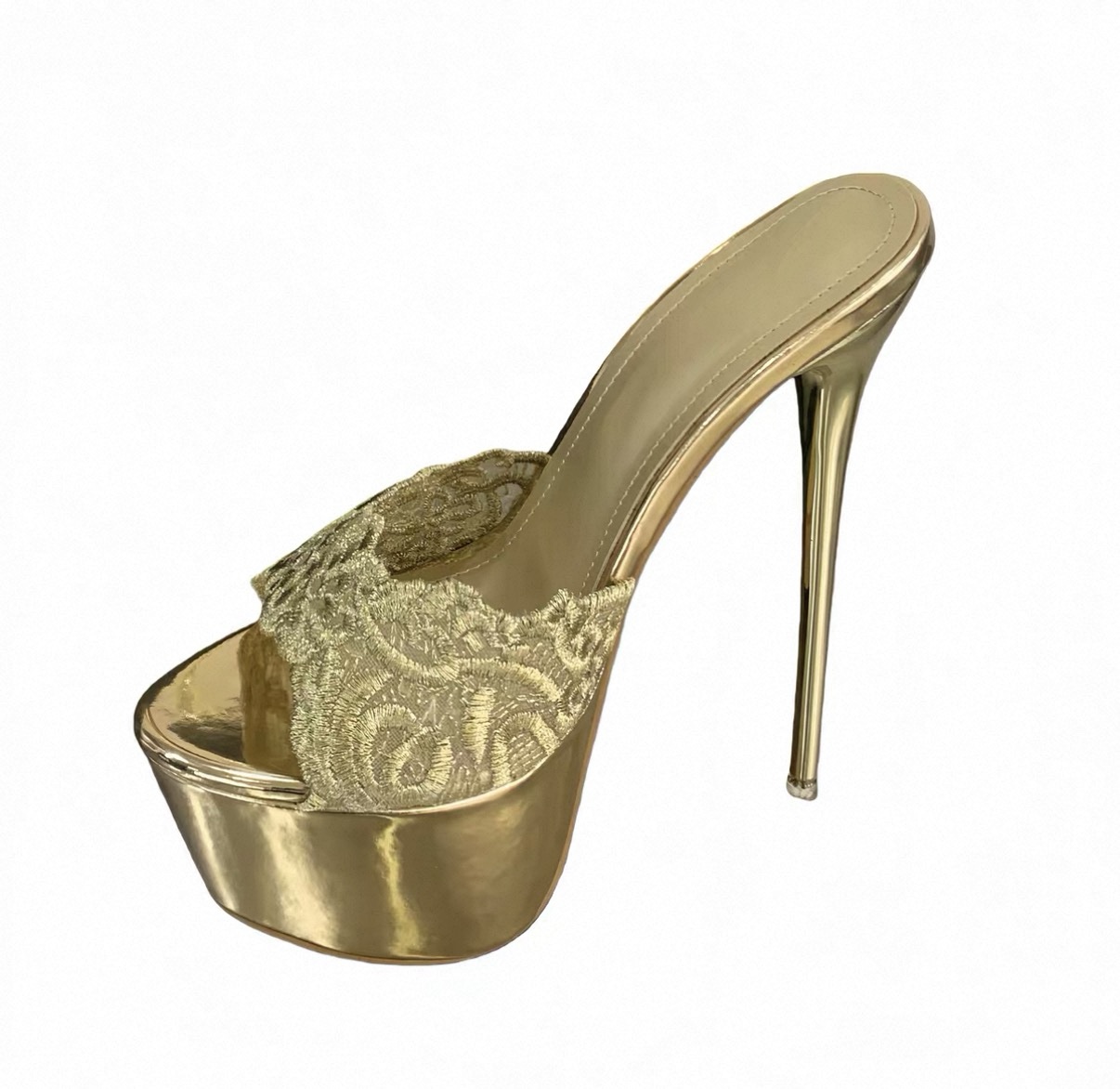 Gold Lace Platform Stiletto Mules